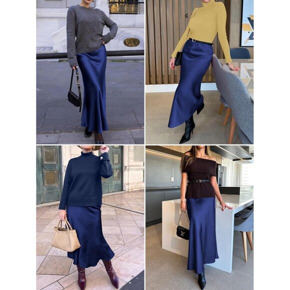 Women Navy Blue Maxi Dressy Casual Zipped High Waisted Silk Elegant Long Skirt - Picture 3 of 7